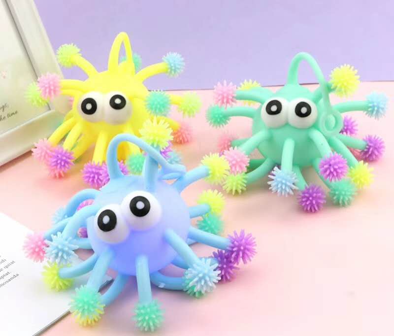 8cm Squishy Tpr Stress Flash Ball Toy Flashing Puffer Thorn Ball With Big Eyes Vent Toys